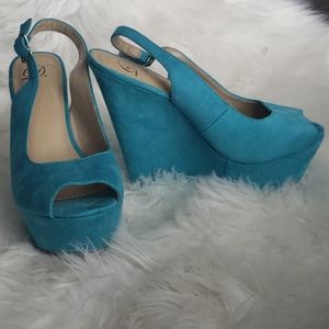 Bright Teal Velvet Sling Back Platform Wedges